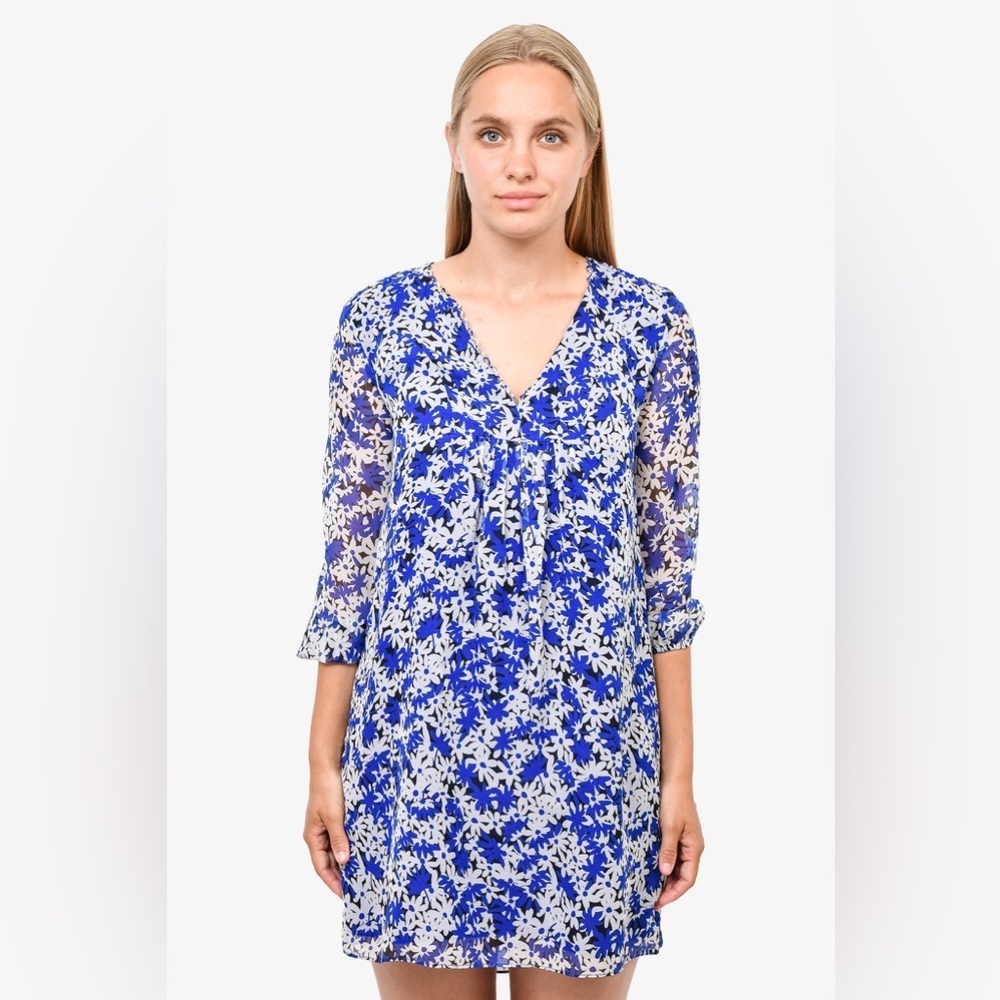 DIANE VON FURSTENBERG BLUE/WHITE FLORAL SILK MINI DRESS SIZE 10 Spring Casual